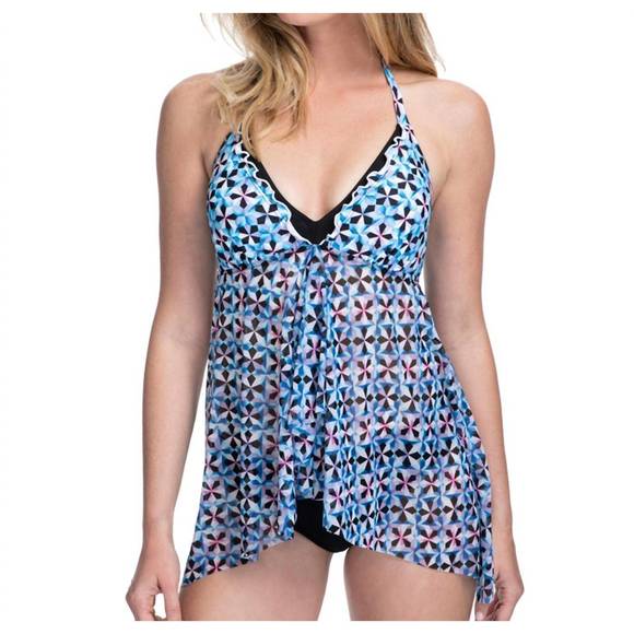 NEW PROFILE BY GOTTEX v-neck ruffle flyaway tankini top in pinwheel - Picture 1 of 2